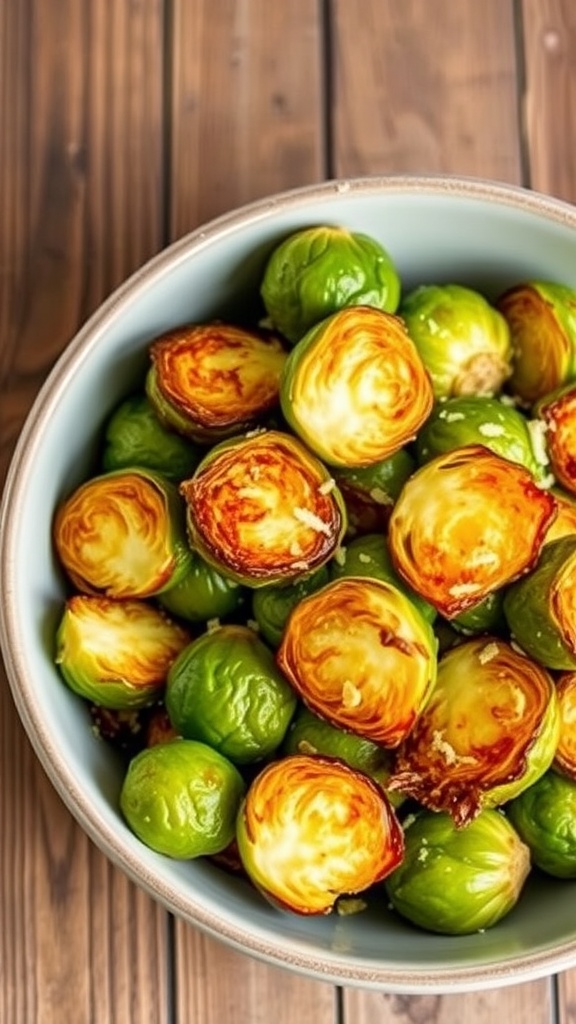 Crispy Air Fryer Brussels Sprouts Recipe Crispy air-fried Brussels sprouts garnished with Parmesan cheese in a rustic bowl.